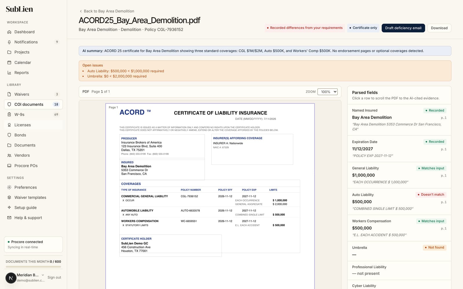 SubLien COI review: the ACORD 25 certificate side-by-side with AI-extracted coverage fields and open issues