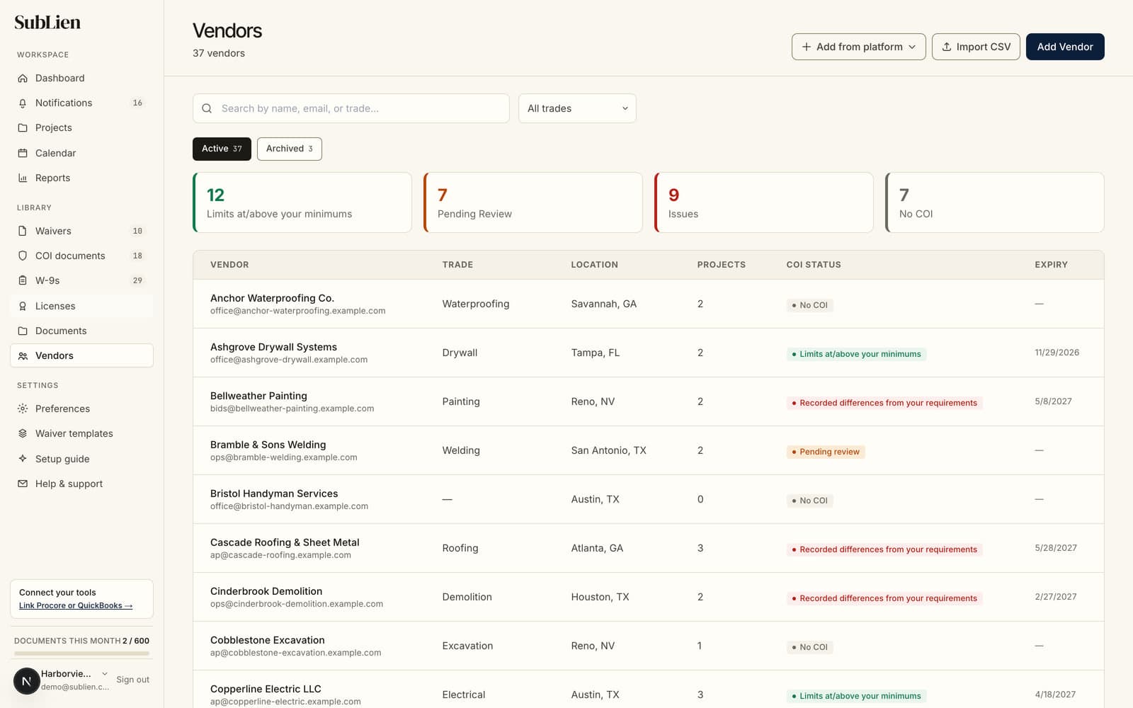 SubLien vendors page: subcontractor document records, trades, and review prompts