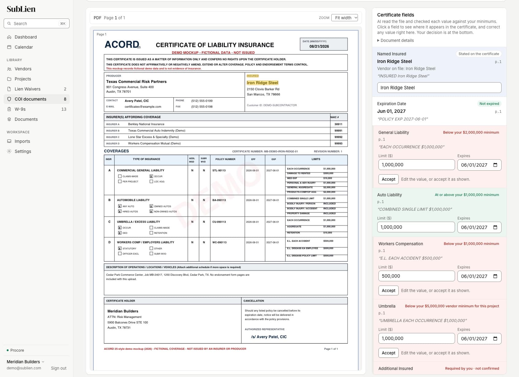 SubLien COI review of a fictional ACORD 25 certificate: the certificate fields AI checked against the configured minimums, with general liability below its minimum, auto at or above it, and each coverage line's expiration date