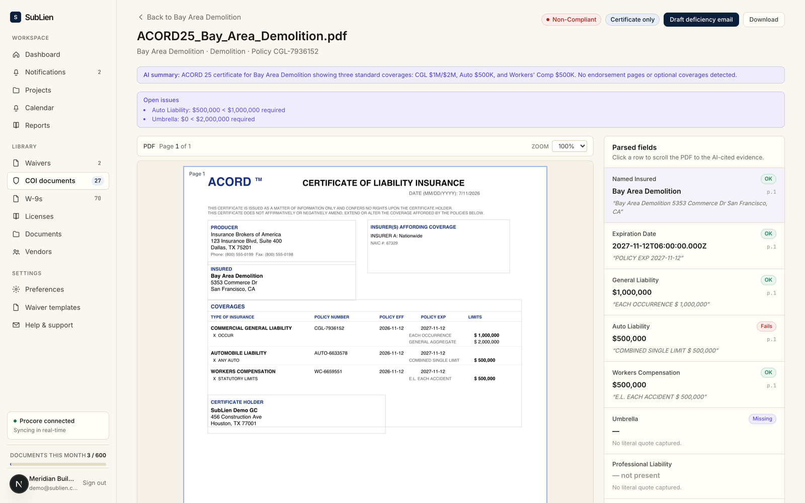SubLien COI review: the ACORD 25 certificate side-by-side with AI-parsed coverage fields and open issues