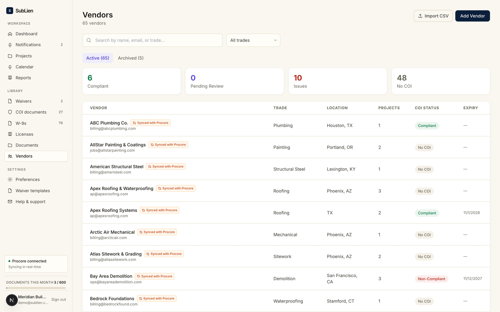 SubLien vendors page: every subcontractor with live COI status, trade, and compliance chips